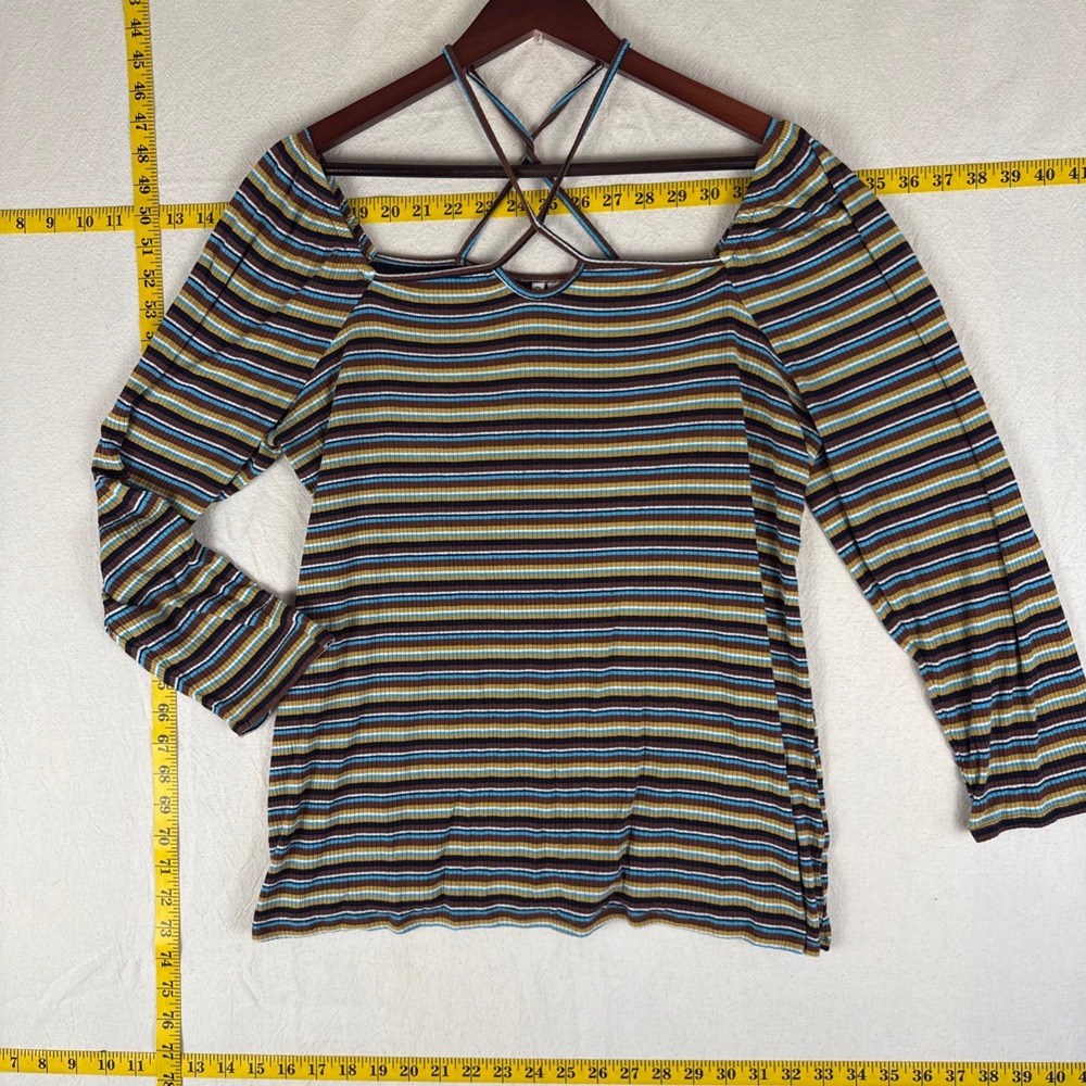 Cato Striped Top Womens XL Brown Blue Retro Strappy Square Neck Ribbed Knit